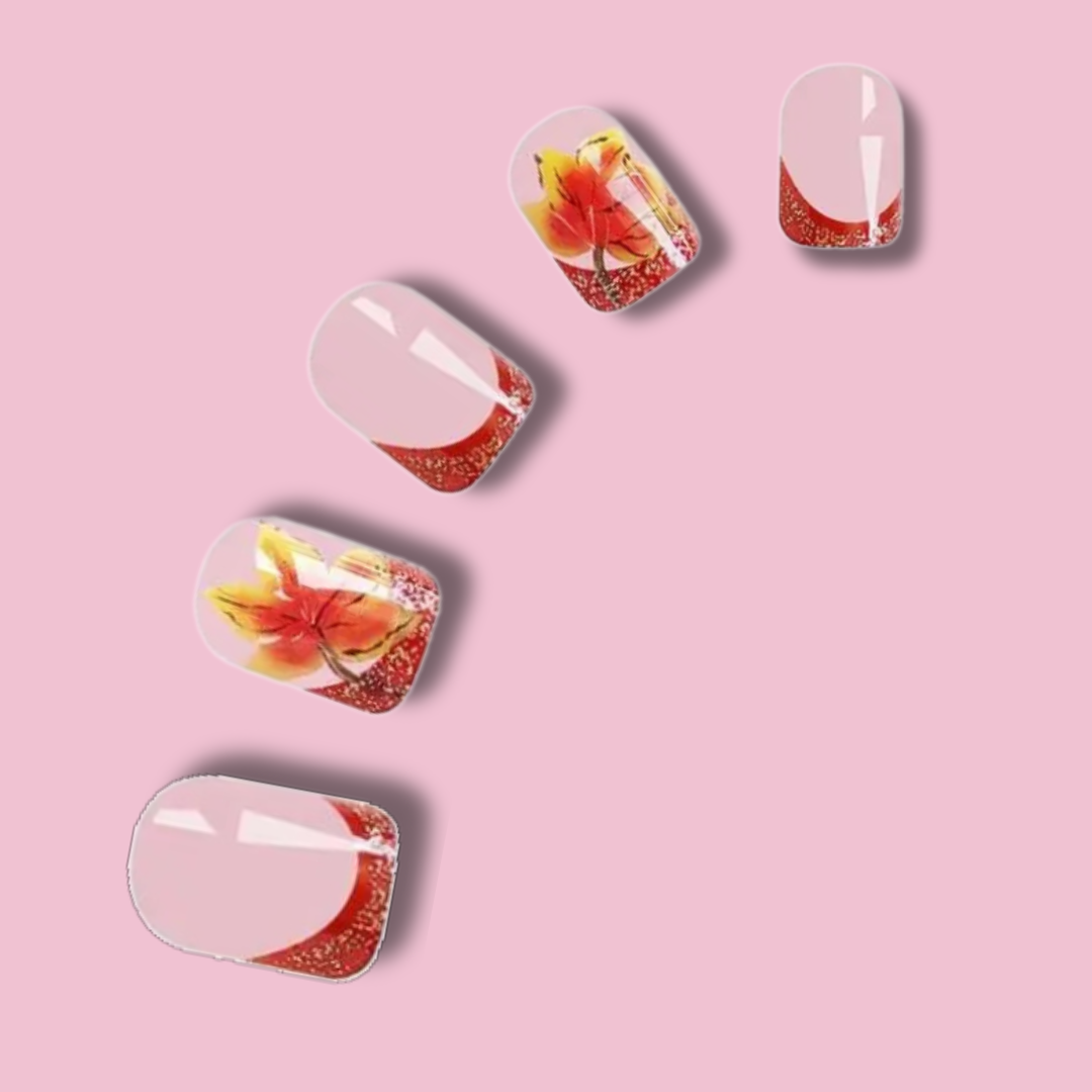 Geluxe Thanksgiving Glossy Nail with Maple Leaf French Tips Square Shape Easy Apply DIY Nail Art for Girls