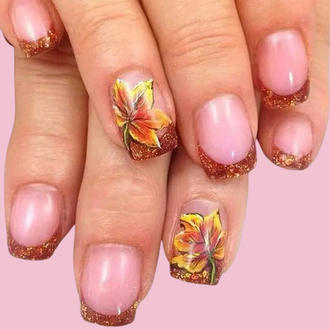 Geluxe Thanksgiving Glossy Nail with Maple Leaf French Tips Square Shape Easy Apply DIY Nail Art for Girls