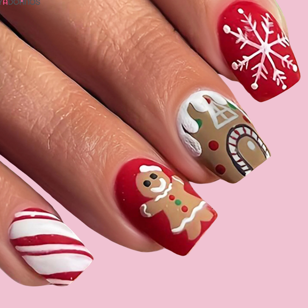 Geluxe Short Square Christmas Cartoon Snowman Snowflake Design Press On Nails