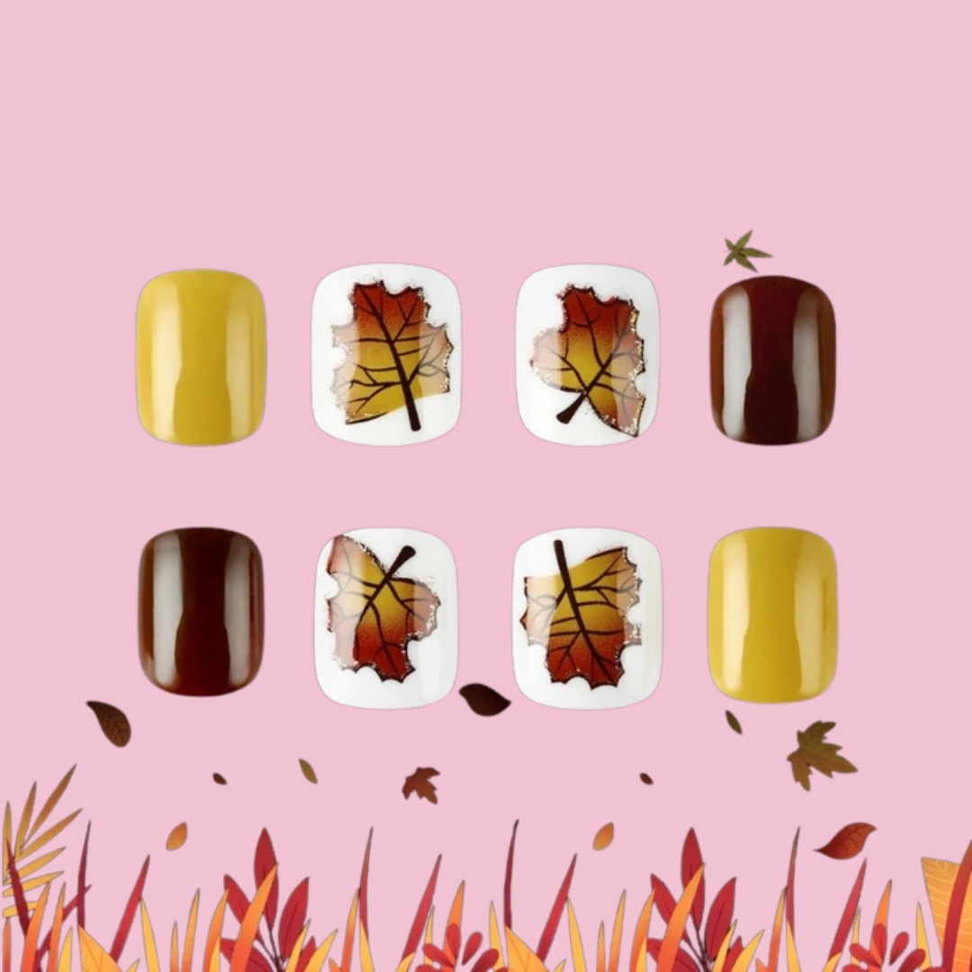 Geluxe Thanksgiving Press on Maple Leaf Short Square False Nails Set Easy Apply