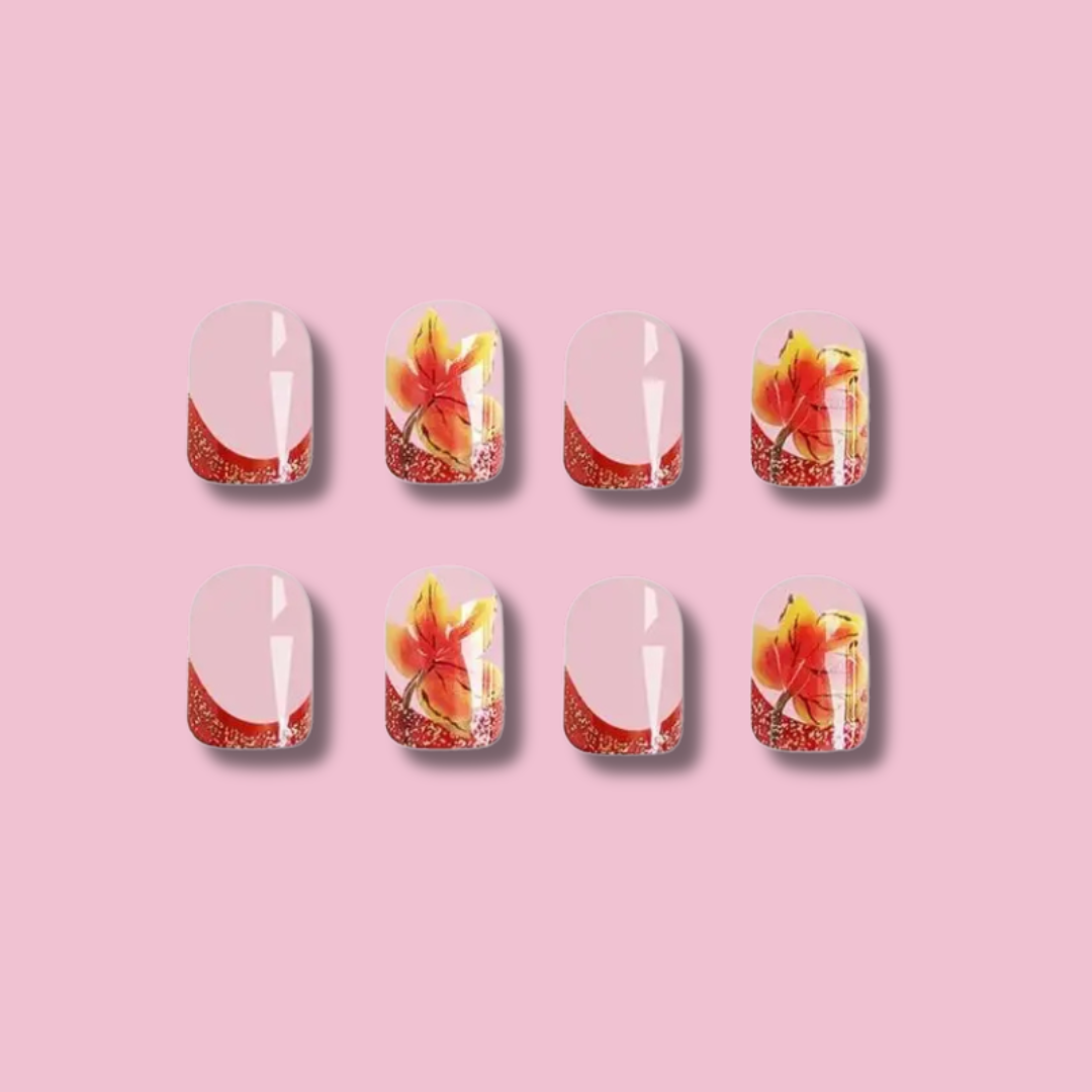 Geluxe Thanksgiving Glossy Nail with Maple Leaf French Tips Square Shape Easy Apply DIY Nail Art for Girls